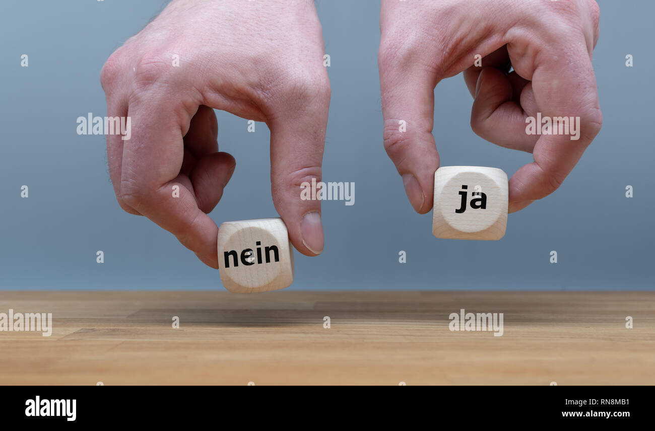 Le mani sono tenendo due cubi con il tedesco parole "ja' e 'nein' ('sì " e " no " in inglese). Una mano si alza il cubo con il "sì". Foto Stock