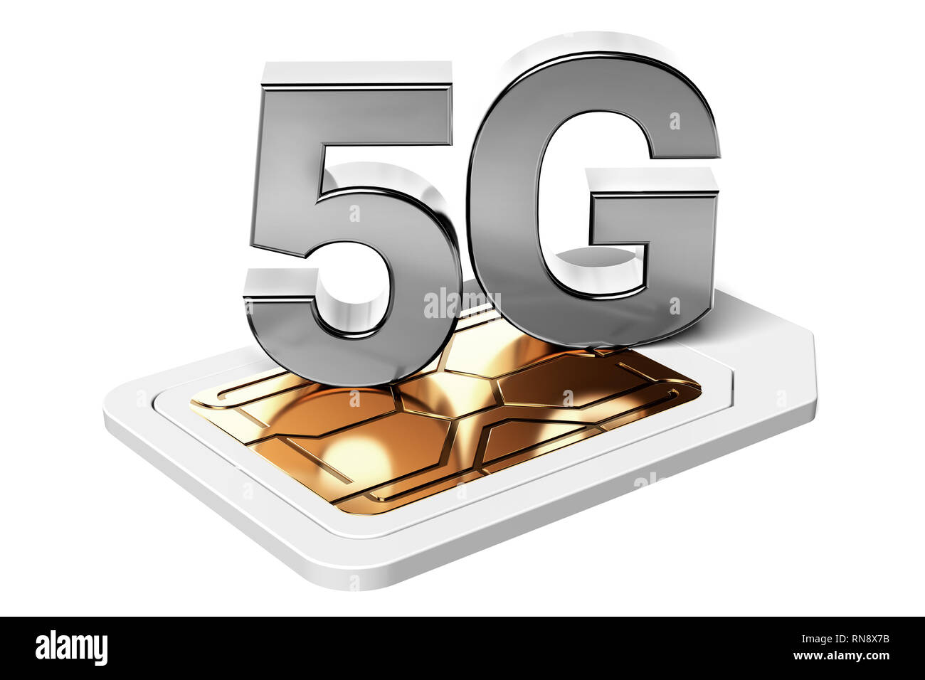 Argento 5G segno sulla scheda sim isolati su sfondo bianco. Mobile ad alta velocità la tecnologia web. Il rendering 3D Foto Stock