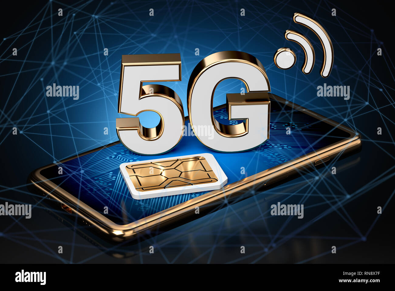 5G segno su smart phone schermo con scheda sim accanto ad alta velocità con i nodi di rete intorno a. Mobile ad alta velocità la tecnologia web. Il rendering 3D Foto Stock