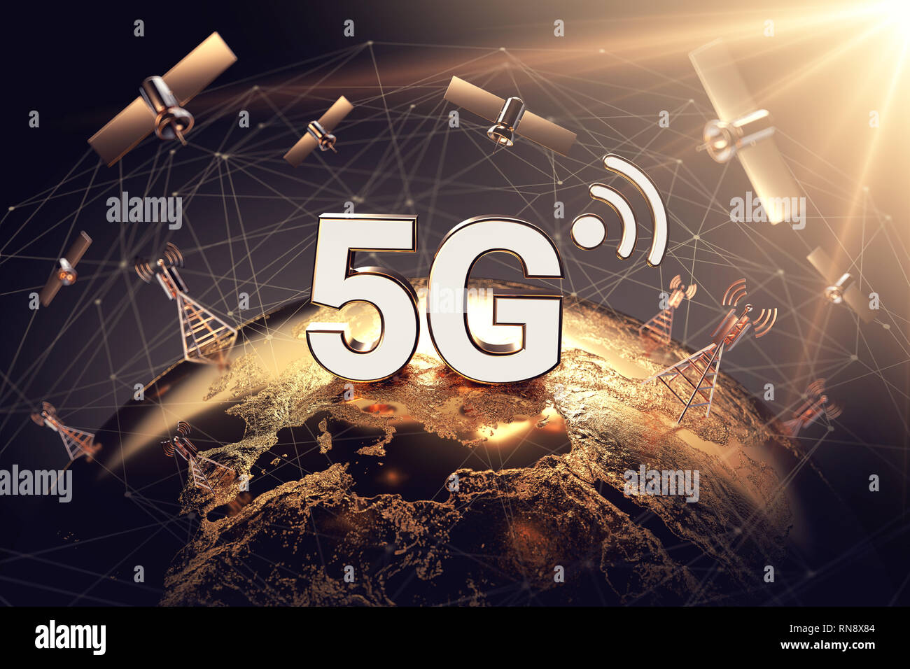 La connettività globale concetto con tutto il mondo della comunicazione e della rete 5G word. Concentrato al di sopra di territorio del concetto di Europa. Il rendering 3D Foto Stock