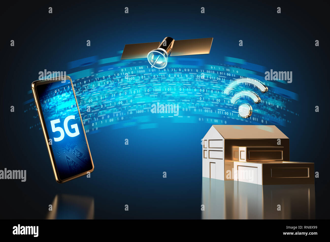 Trasferimento dati ad alta velocità diagramma su 5G un concetto di rete. Il rendering 3D Foto Stock