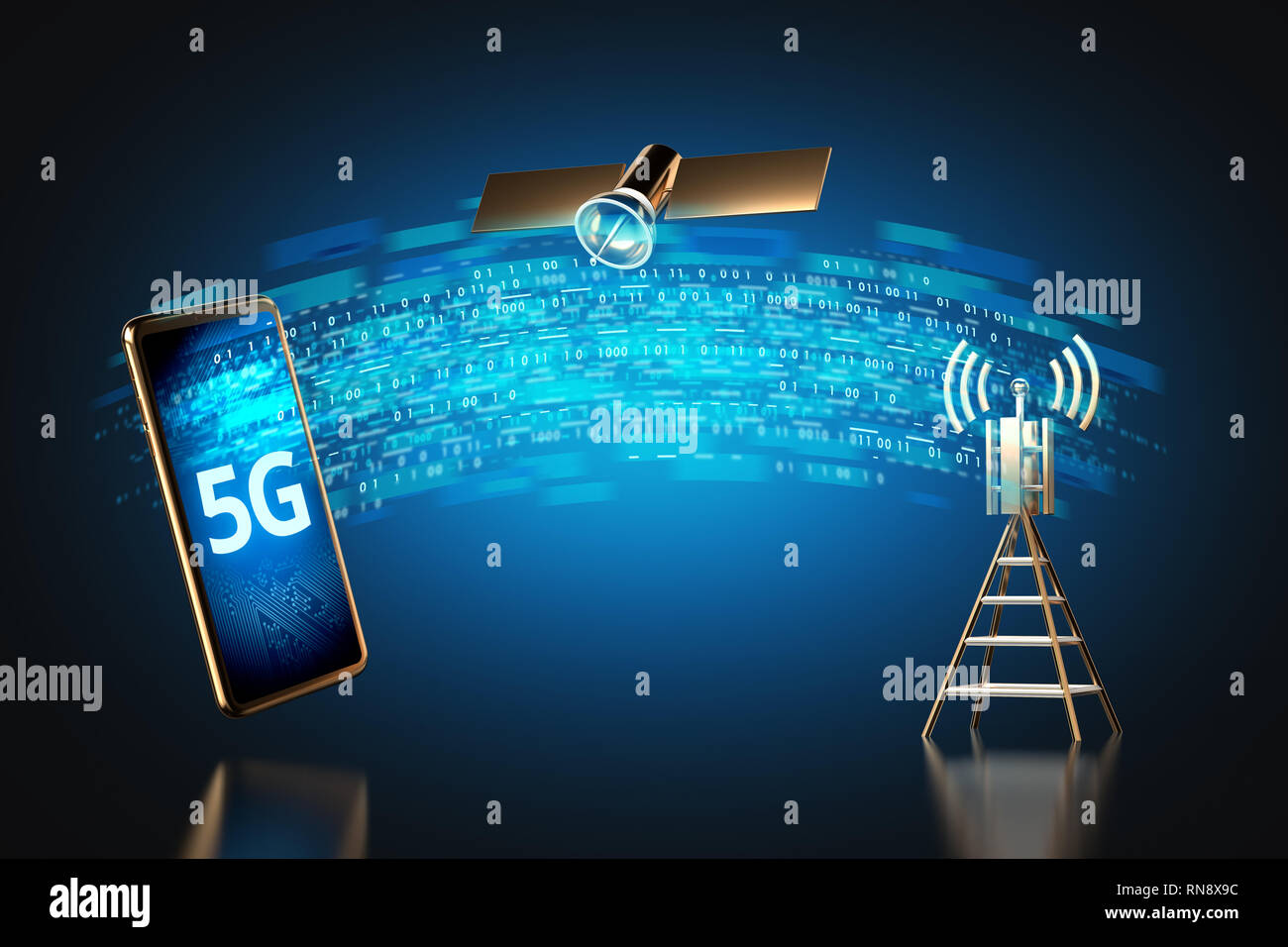 Trasferimento dati ad alta velocità diagramma su 5G un concetto di rete. Il rendering 3D Foto Stock