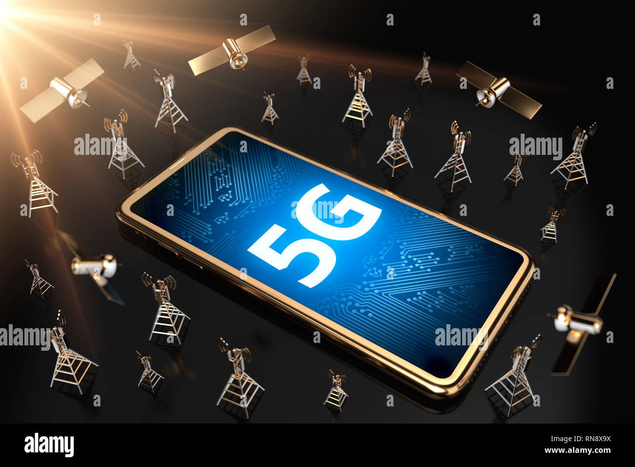 Smartphone con 5G lettere sullo schermo che stabilisce circondato da torri di rete e il numero di satelliti. Il rendering 3D Foto Stock