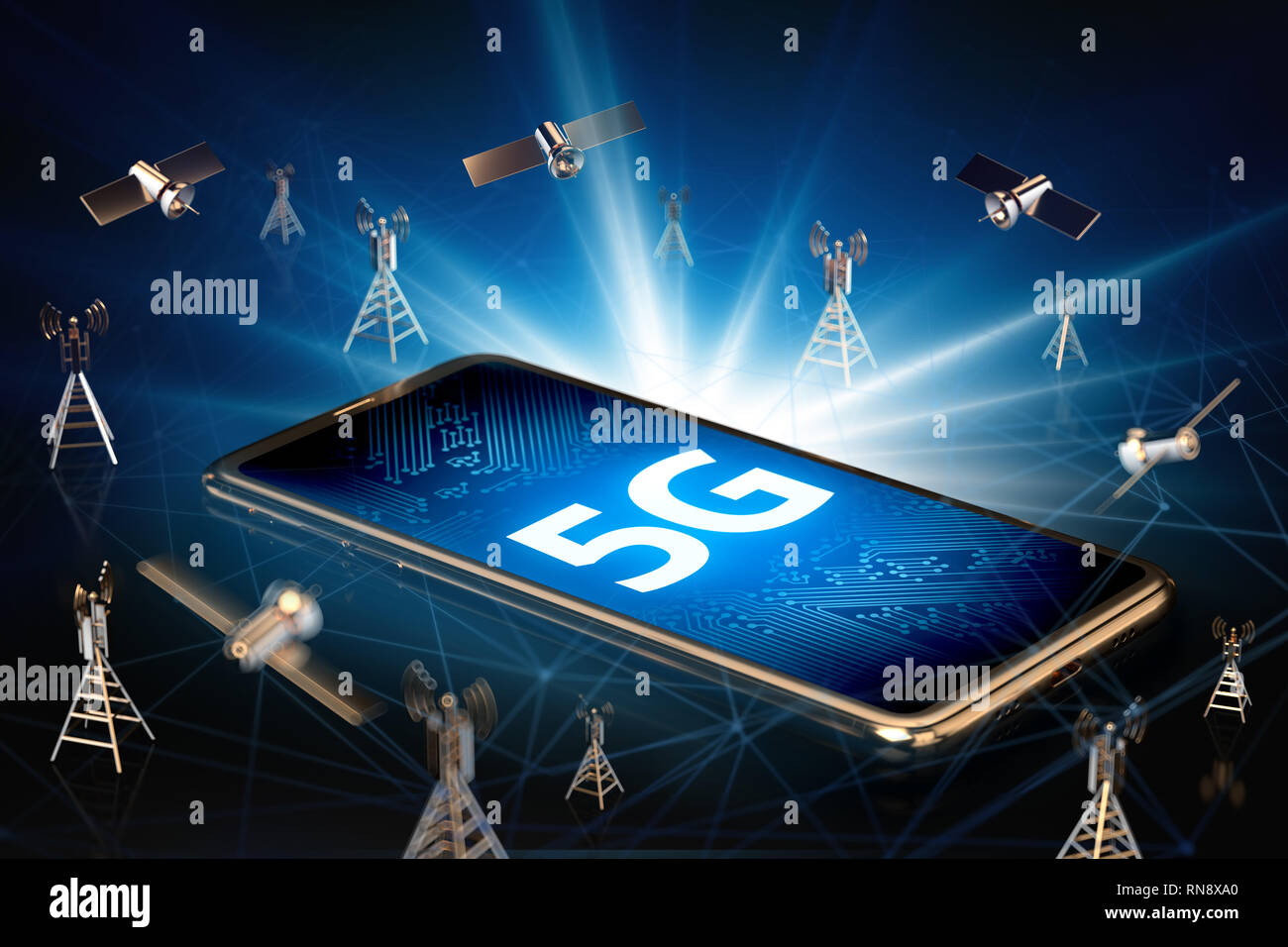 Smartphone con 5G segno sullo schermo che stabilisce circondato da torri di rete, i satelliti e le reti ad alta velocità linee di nodi. Il futuro di internet veloce Foto Stock
