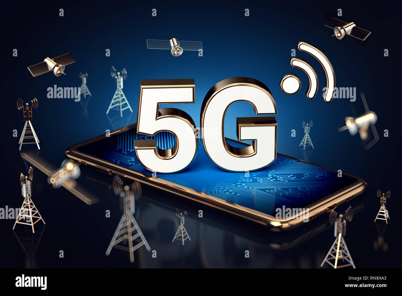 Smartphone con 5G segno sullo schermo che stabilisce circondato da torri di rete, i satelliti e le reti ad alta velocità linee di nodi. Il futuro di internet veloce Foto Stock
