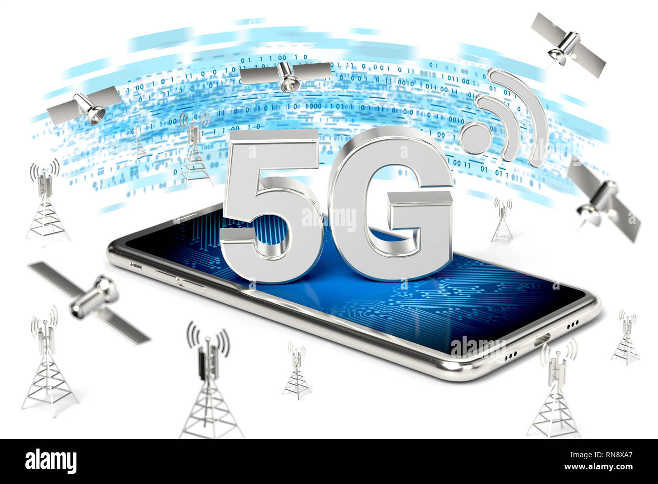 Smartphone con 5G segno sullo schermo circondato da network di rete ad alta velocità di trasferimento dati di nodi. Sfocata closeup shot. Isolato su sfondo bianco. Foto Stock