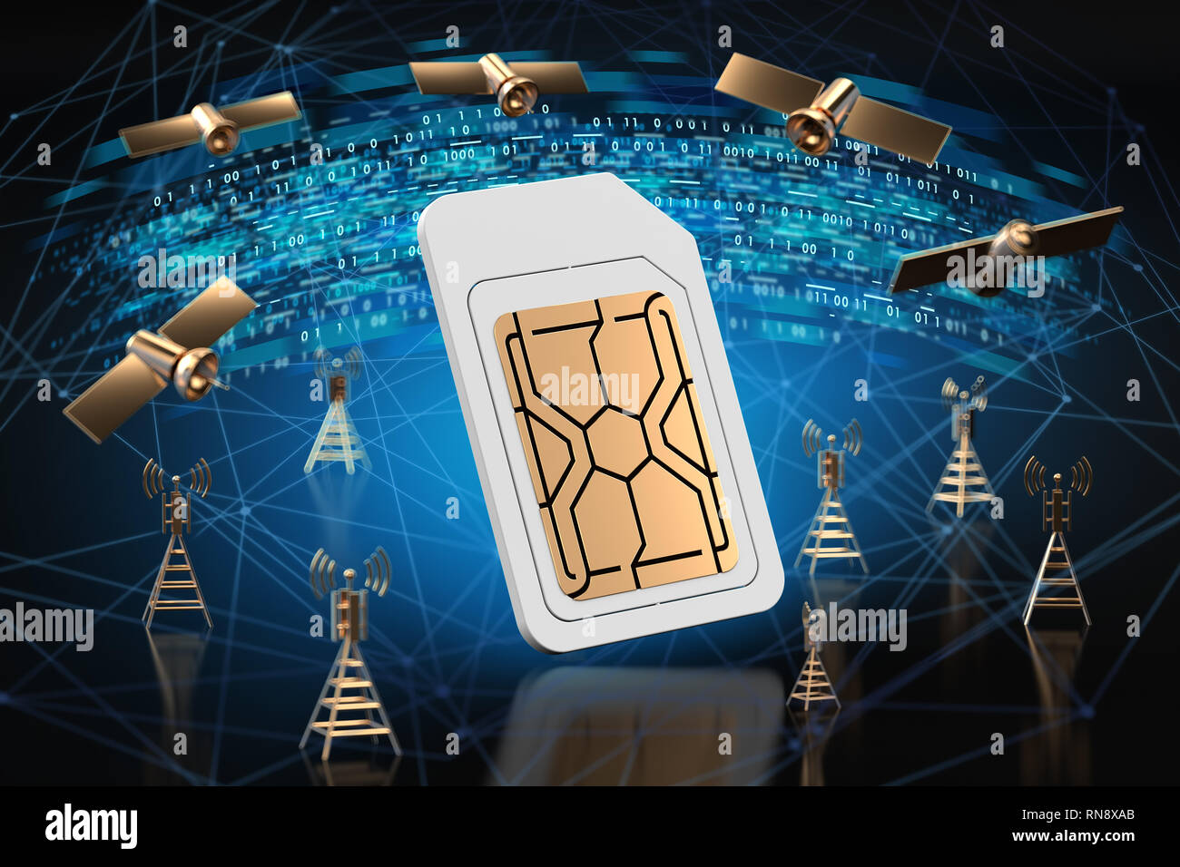 Golden 5G segno e dati digitali, i nodi di rete e binario dietro di esso. Mobile ad alta velocità la tecnologia web concetto. Il rendering 3D Foto Stock