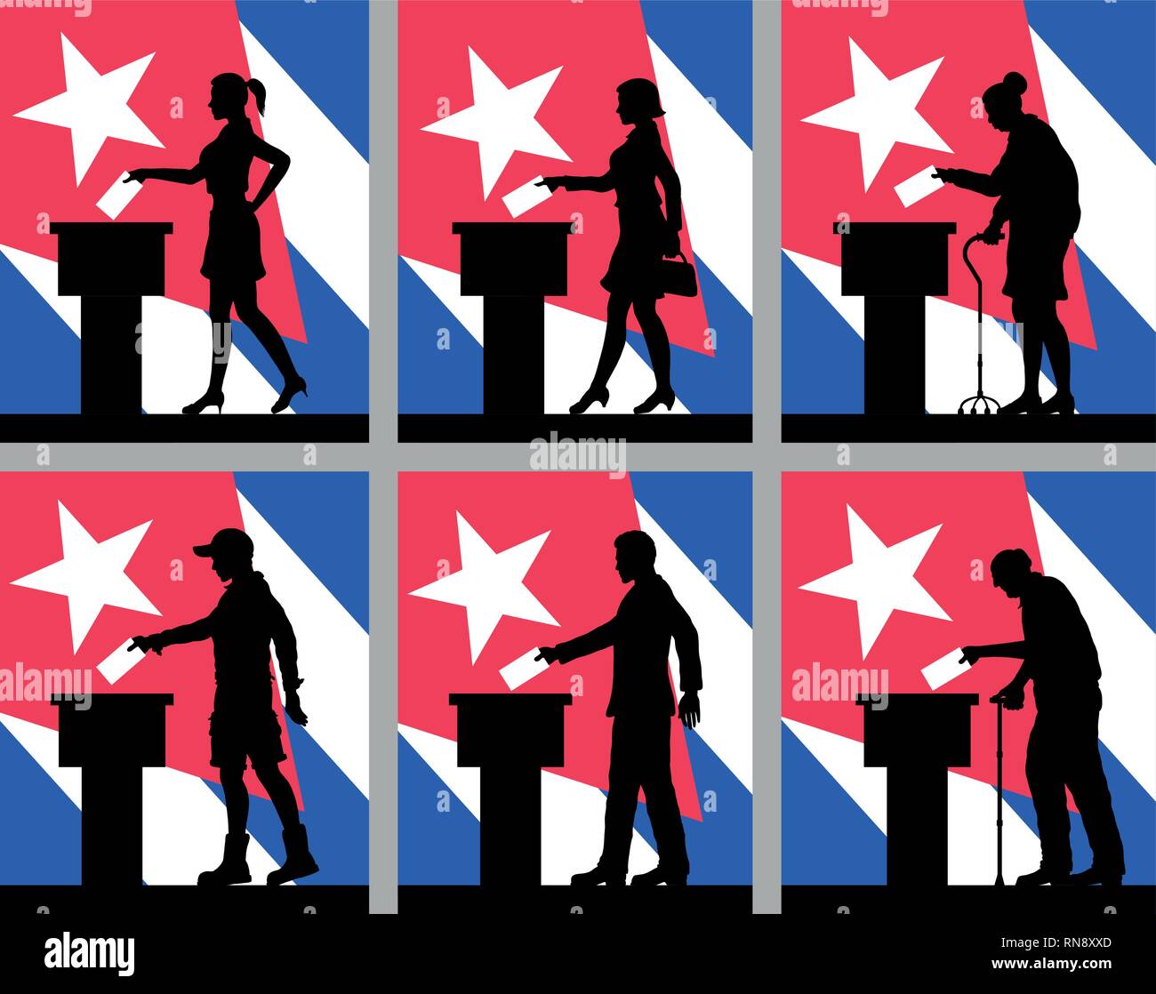 Cittadini cubani il voto per le elezioni a Cuba. Tutti gli oggetti di silhouette e gli sfondi sono in diversi strati. Illustrazione Vettoriale