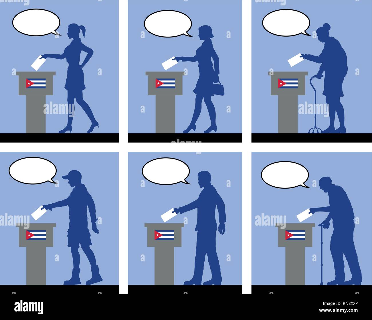 Cittadini cubani il voto per le elezioni a Cuba con il discorso di bolla. Tutti gli oggetti di silhouette e gli sfondi sono in diversi strati. Illustrazione Vettoriale