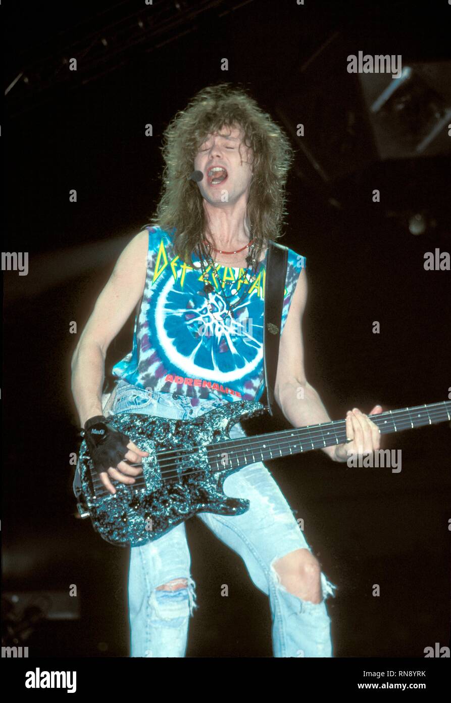 Def Leppard bassista Rick Savage è mostrato esibirsi sul palco durante un concerto aspetto. Foto Stock