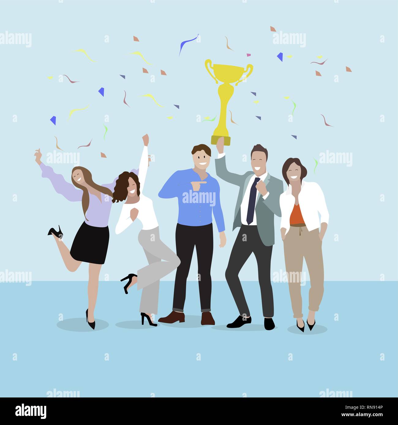 Happy business team. Un gruppo di persone di affari, il team aziendale con golden cup, successo finance professional company. Team ricompensa win, vincitore del trofeo gro Illustrazione Vettoriale