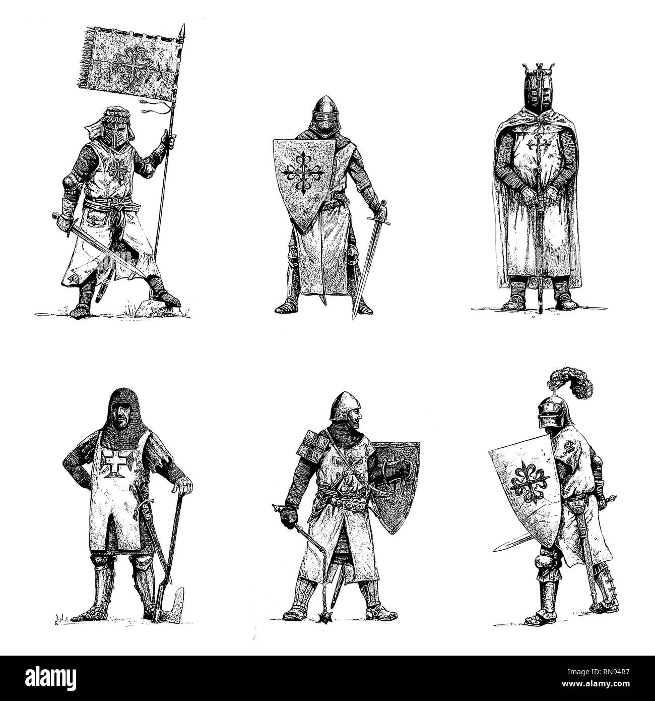 Crociati medievale illustrazione. Set di 6 cavalieri. Cronologia disegno digitale. Foto Stock