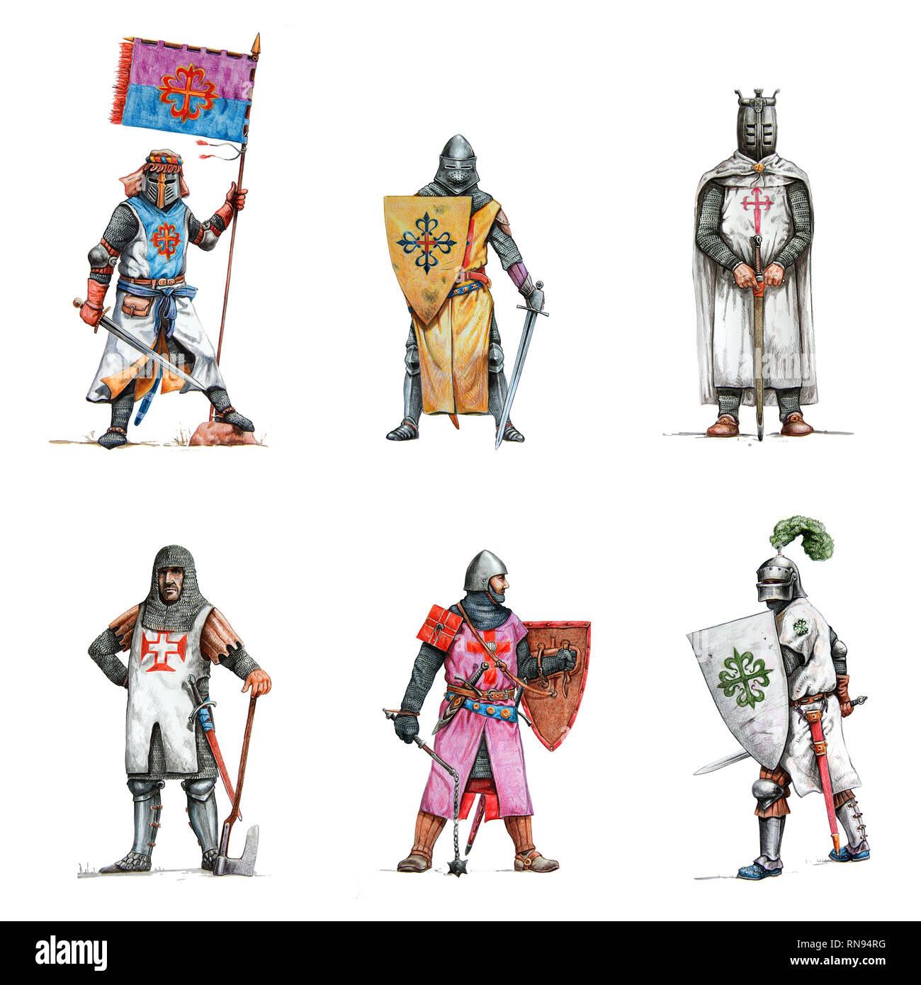 Cavalieri medievali illustrazione. Set di 6 crociati. Storico di matite colorate disegno. Foto Stock