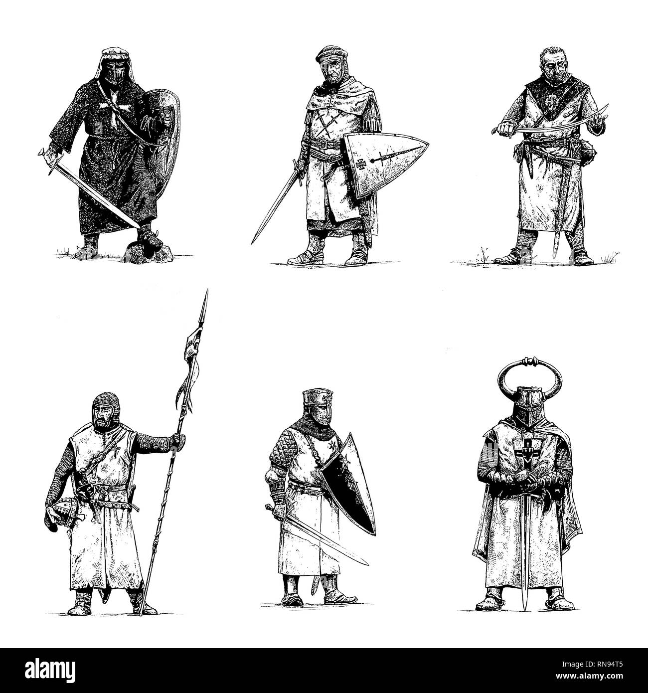 Cavalieri medievali illustrazione. Set di 6 crociati. Cronologia disegno digitale. Foto Stock