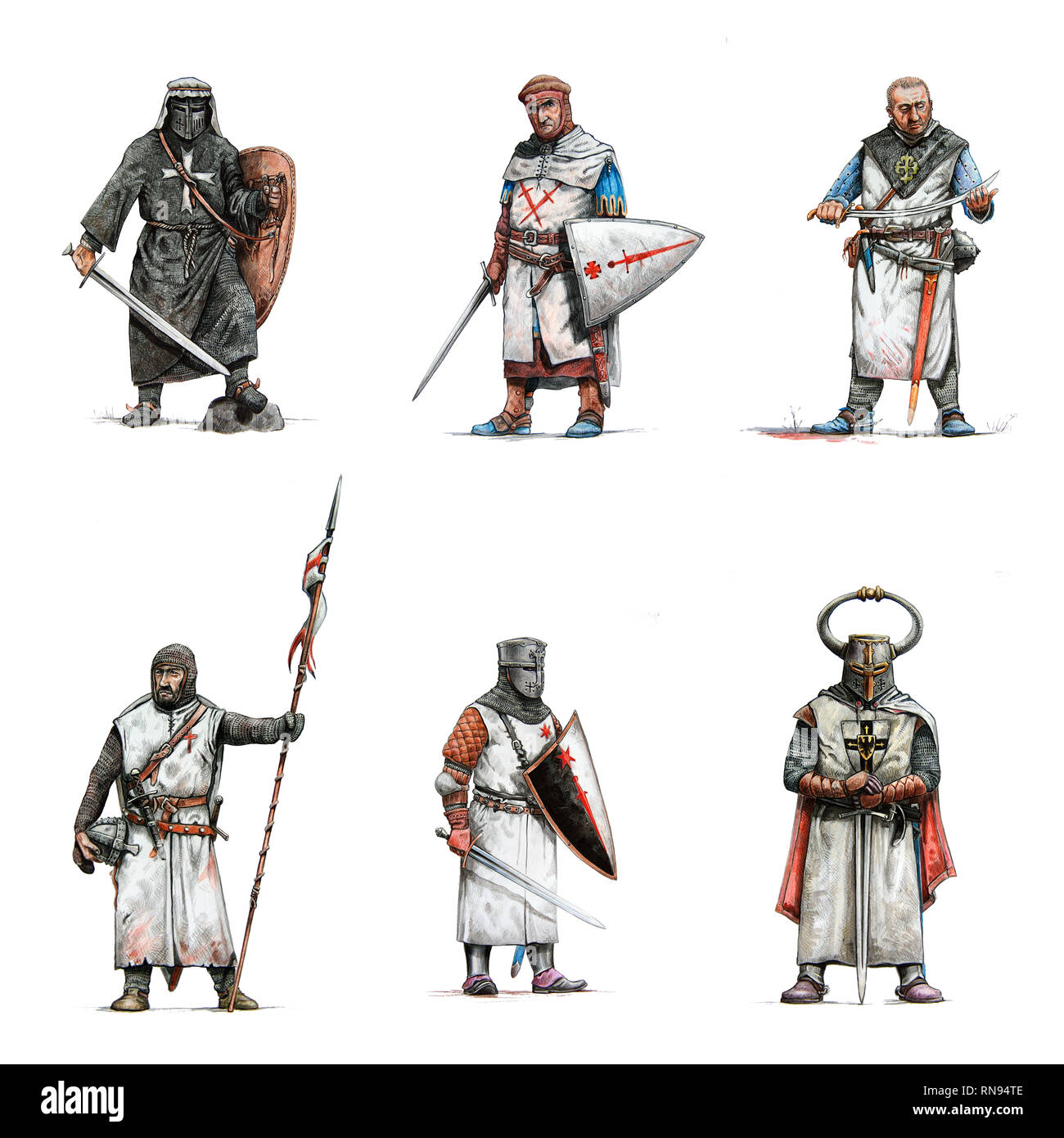 Cavalieri medievali illustrazione. Set di 6 crociati. Storico di disegno a matita. Foto Stock