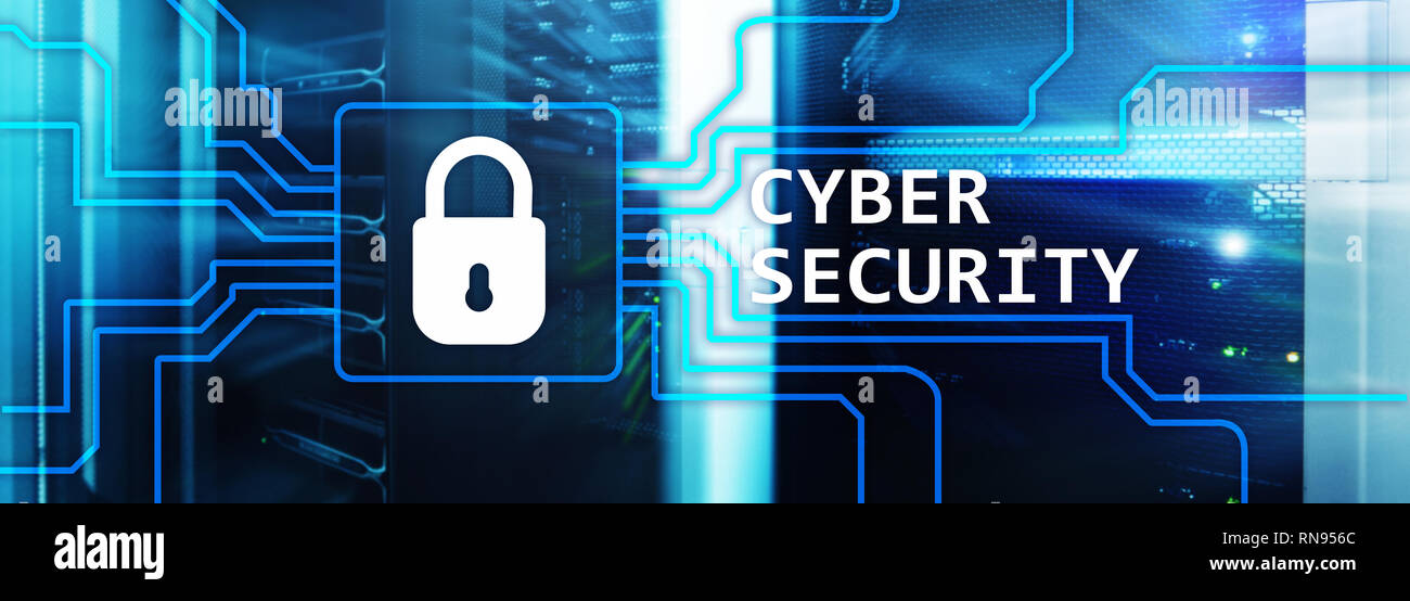 Cyber security, informazioni privacy e protezione dei dati concetto sulla sala server sfondo. Foto Stock