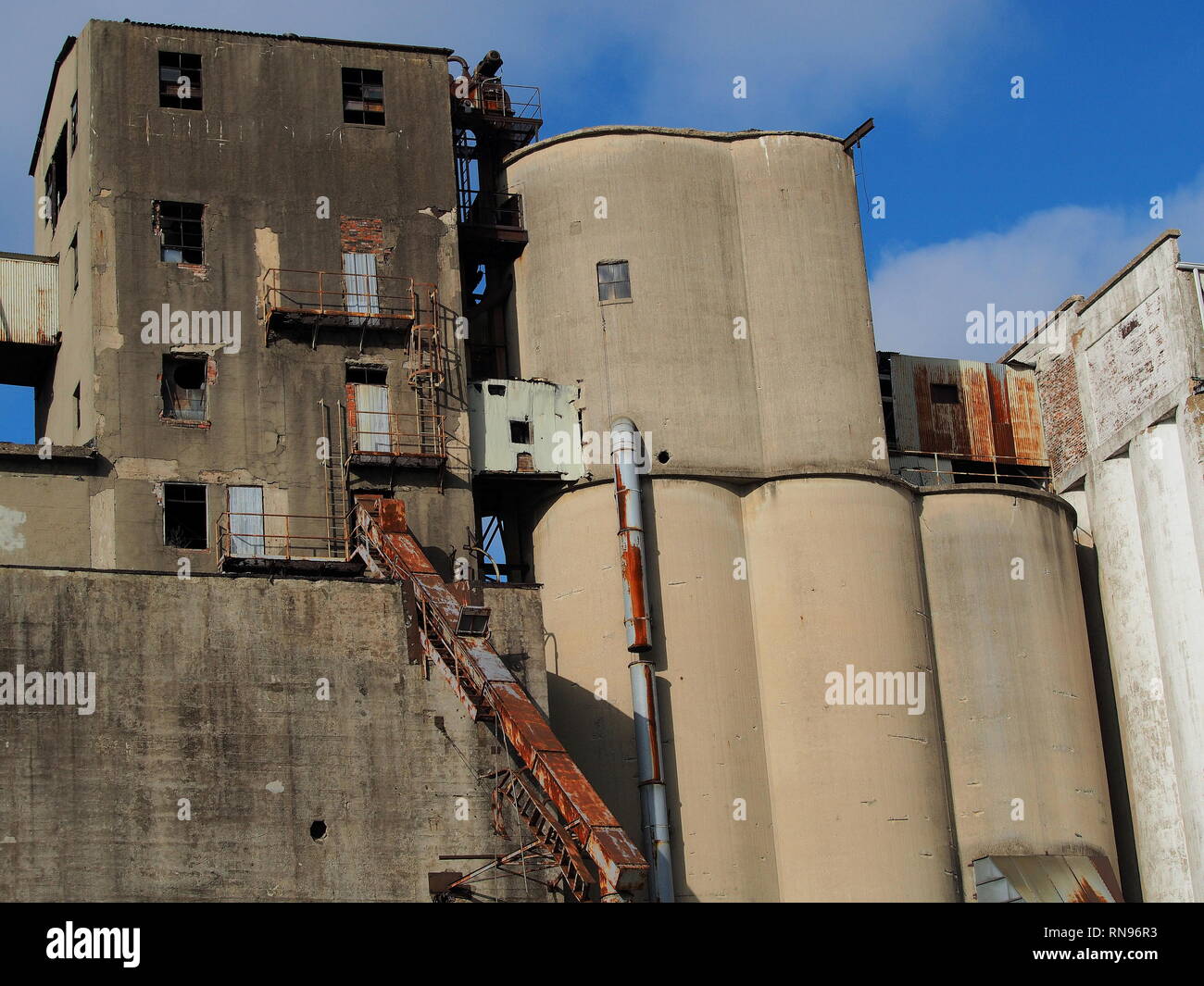 Calcestruzzo di grandi dimensioni agricolo di granella di mais / silo del complesso non più in uso. Foto Stock