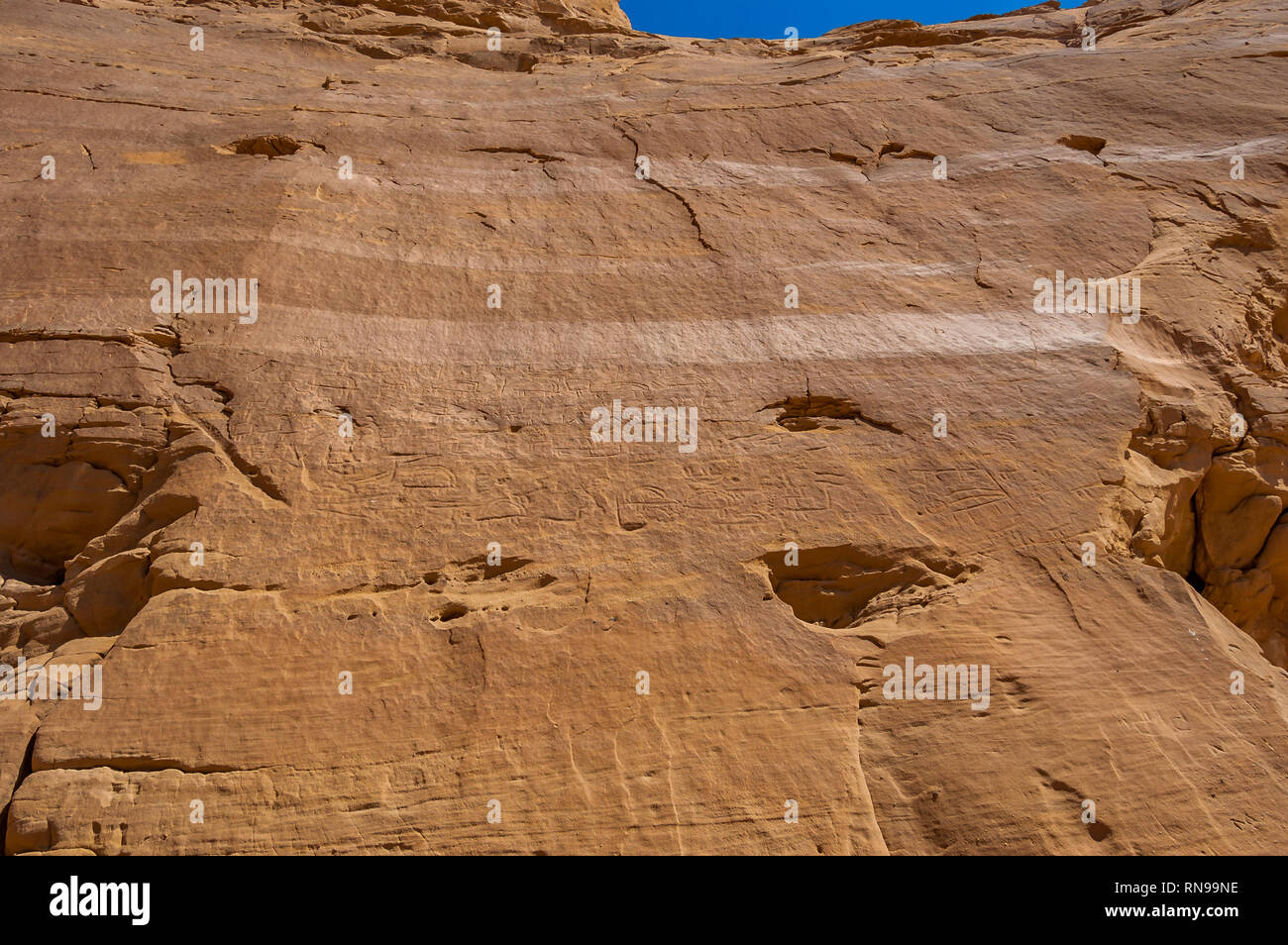 Antiche sculture su rocce, arte parietale, grotta pittura, disegno di roccia in Timna Parco Nazionale, il deserto della valle Aravah in Israele Foto Stock
