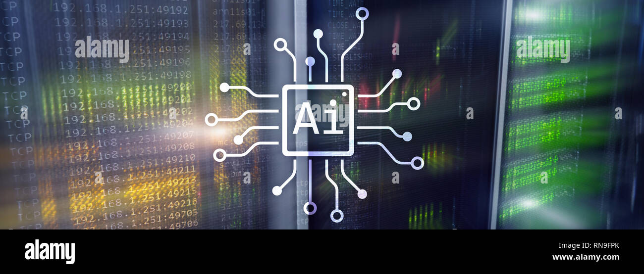Intelligenza artificiale hi-tech tecnologie business concetto. Futuristica sala server sfondo. AI Foto Stock