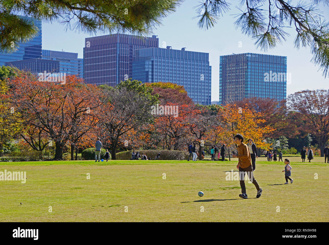 Famiglie sul campo da gioco di Tokyo Palazzo Imperiale Est Giardini in autunno. Foto Stock
