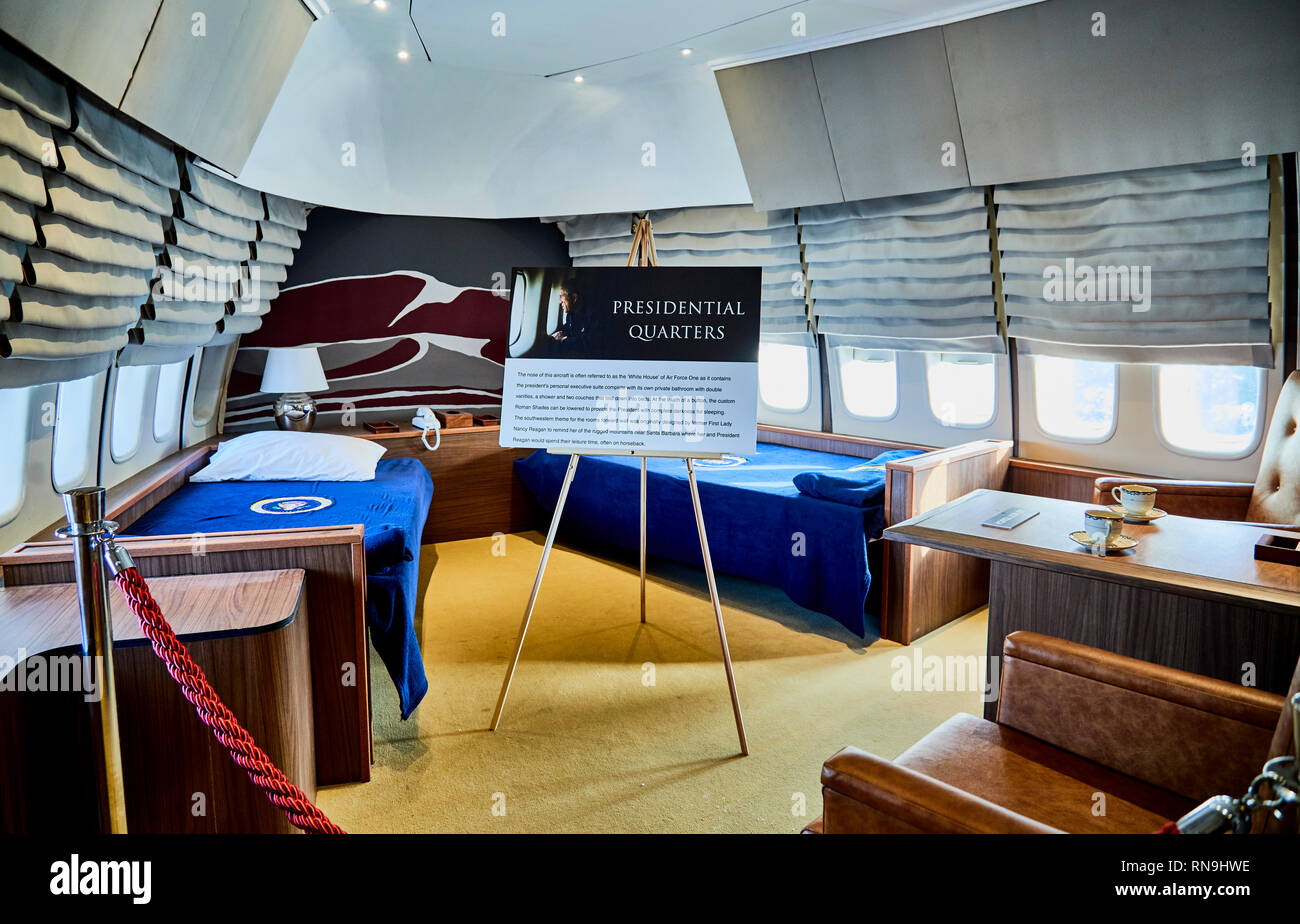 Ft. Washington, Maryland, Stati Uniti d'America - 16 Gennaio 2019: Replica del presidential quartieri dormitorio in aereo presidenziale, Air Force One a Nationa Foto Stock