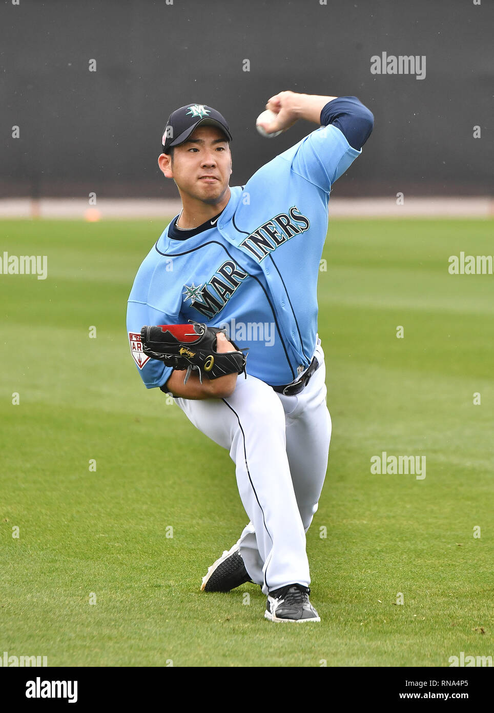 Seattle Mariners brocca Yusei Kikuchi durante una molla training camp a Peoria Sports Complex in Peoria, Arizona, Stati Uniti, 14 febbraio 2019. Credito: AFLO/Alamy Live News Foto Stock