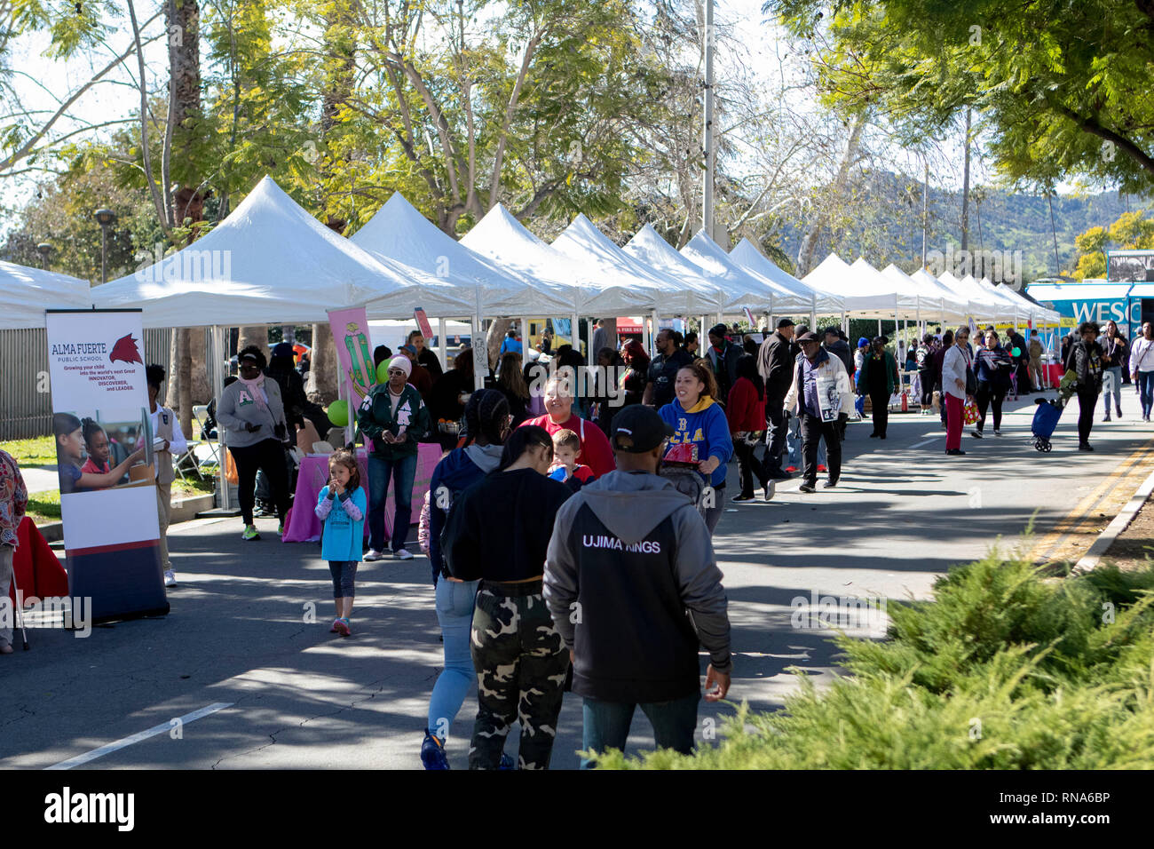 Pasadena, la Contea di Los Angeles, California, USA. 16 feb 2019. - Xxxvii nero annuale Parata Storia e Festival che celebra il nero il patrimonio e la cultura. Il festival ha avviato dopo la sfilata con un libero concerto dal vivo, fornitori fornitori di cibo e un'area bambini dove la comunità si sono riuniti per celebrare. Credito: Jesse Watrous/Alamy Live News Foto Stock