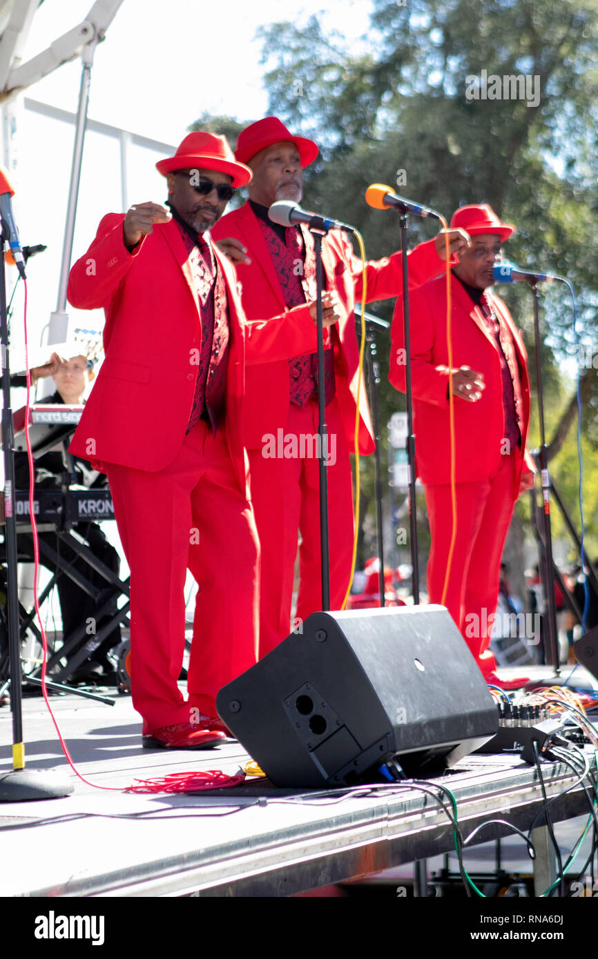 Pasadena, la Contea di Los Angeles, California, USA. 16 feb 2019. - Xxxvii nero annuale Parata Storia e Festival che celebra il nero il patrimonio e la cultura. Il festival ha avviato dopo la sfilata con un libero concerto dal vivo, fornitori fornitori di cibo e un'area bambini dove la comunità si sono riuniti per celebrare. Credito: Jesse Watrous/Alamy Live News Foto Stock