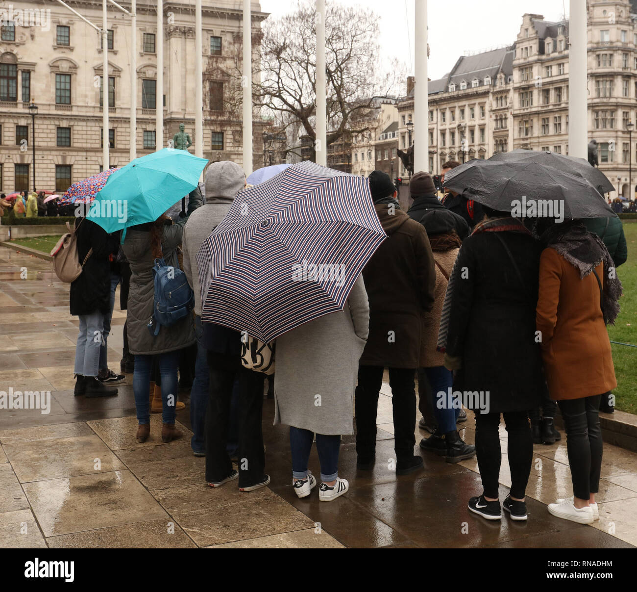 Londra, Regno Unito. 18 Febbraio, 2019. Nonostante la pioggia oggi, molti turisti utilizzando ombrelloni, godere il loro soggiorno qui sulla Piazza del Parlamento ascoltando una guida turistica di Londra, Regno Unito. Credito: Joe Kuis /Alamy Live News Foto Stock