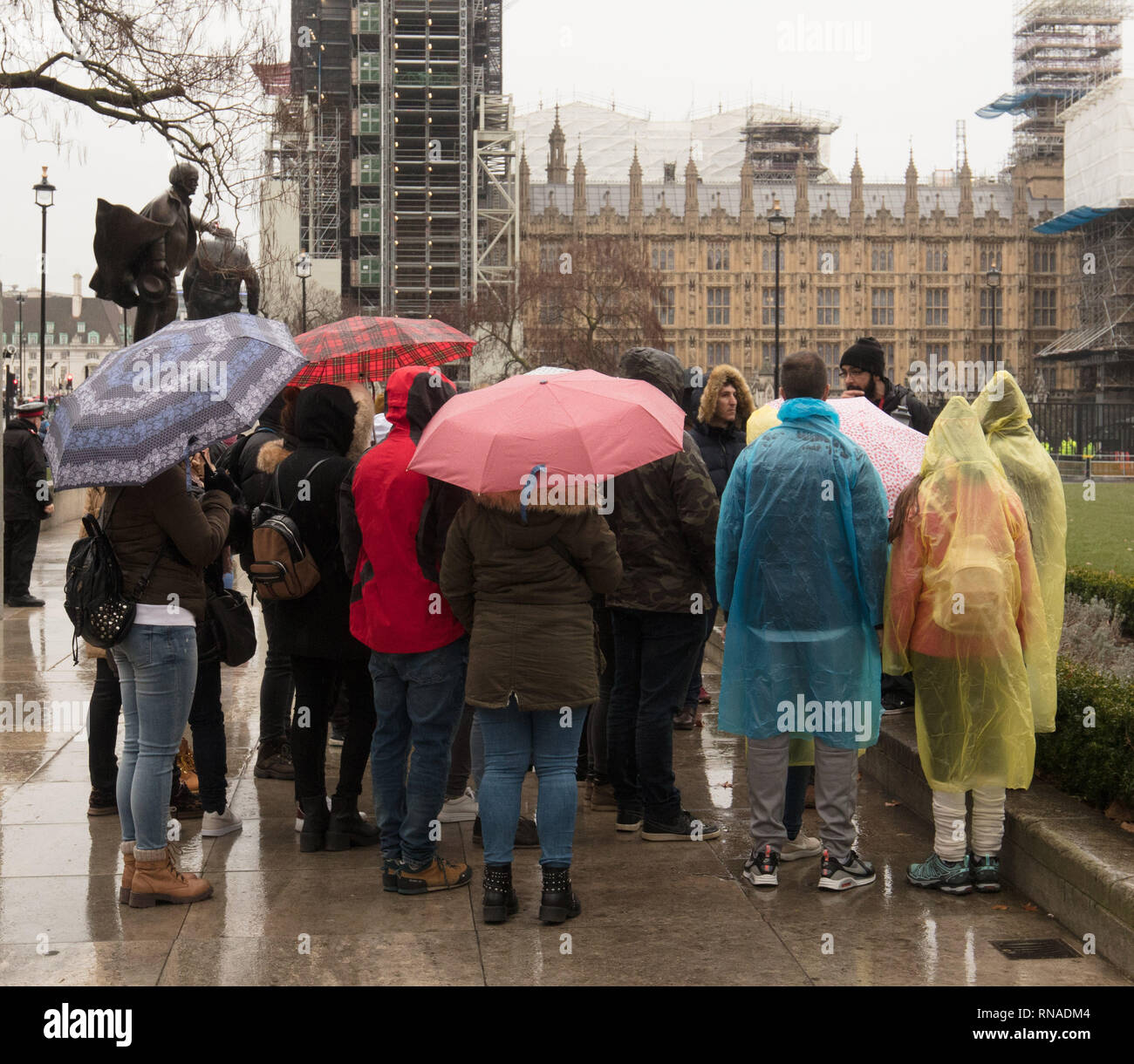 Londra, Regno Unito. 18 Febbraio, 2019. Nonostante la pioggia oggi molti turisti con ombrelloni e rivestimenti in plastica, godere il loro soggiorno qui sulla Piazza del Parlamento ascoltando una guida turistica di Londra, Regno Unito. Credito: Joe Kuis /Alamy Live News Foto Stock