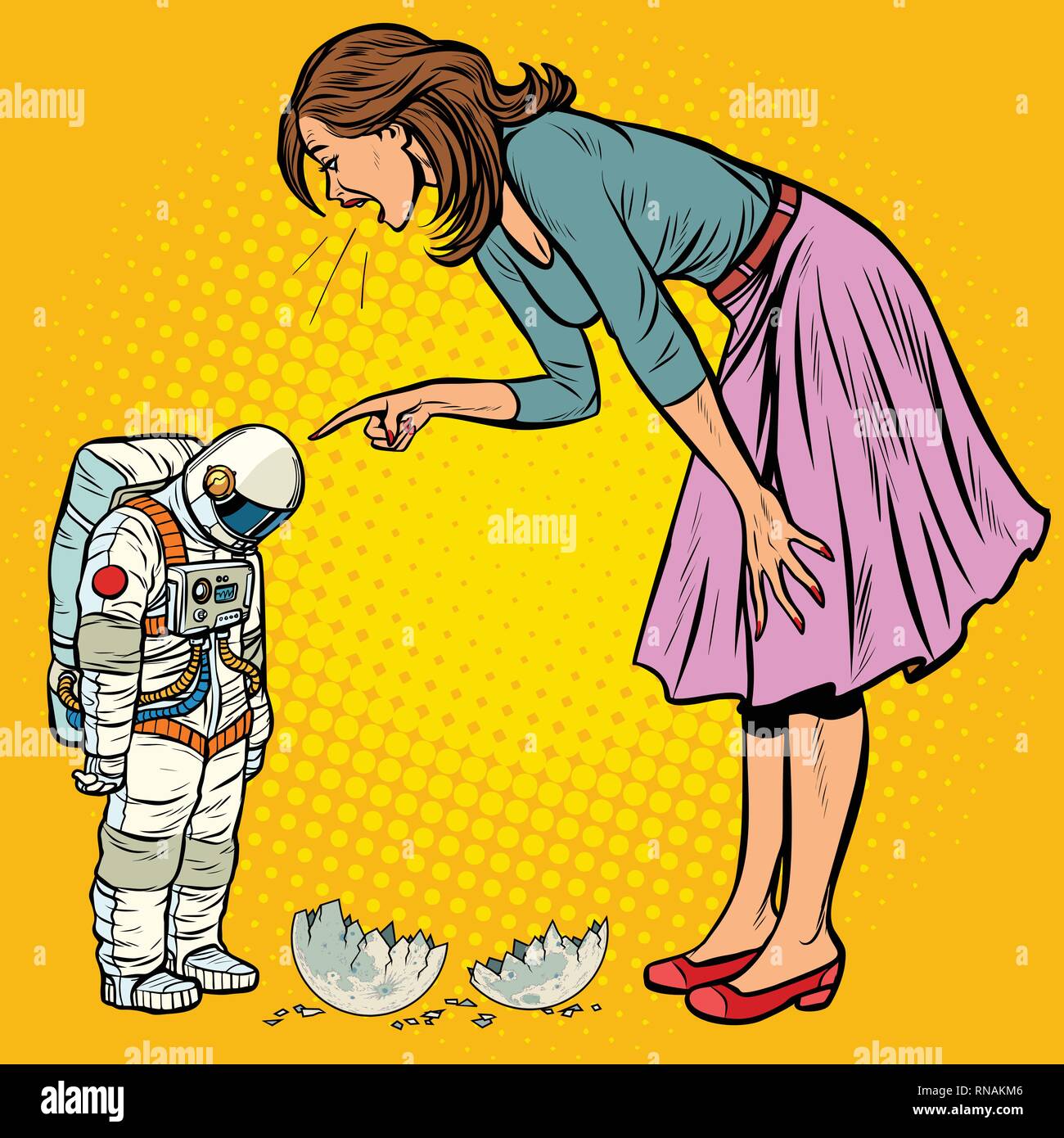 La donna rimprovera astronauta. Il colpevole ha distrutto la luna. La Pop art retrò illustrazione vettoriale kitsch vintage Illustrazione Vettoriale
