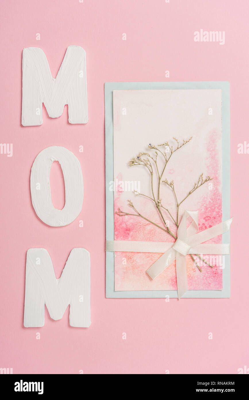 Felice Festa della mamma cartolina decorata con piante essiccate in pizzo e nastro di carta e di parola mom su sfondo rosa Foto Stock