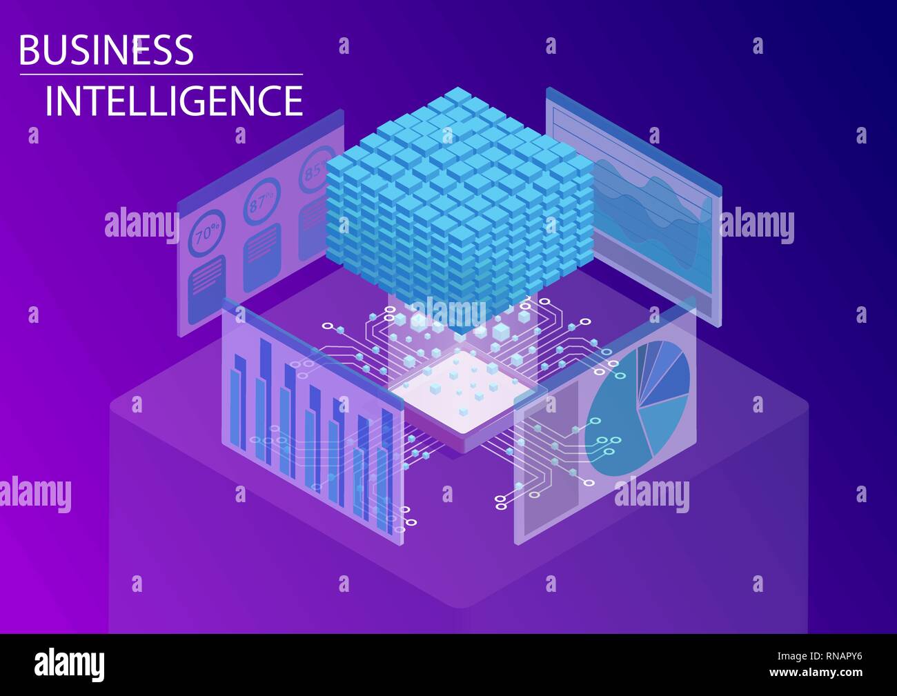 Business intelligence / concetto di BI con i dati del cubo di analisi e dashboard. 3D isometrica illustrazione vettoriale Illustrazione Vettoriale