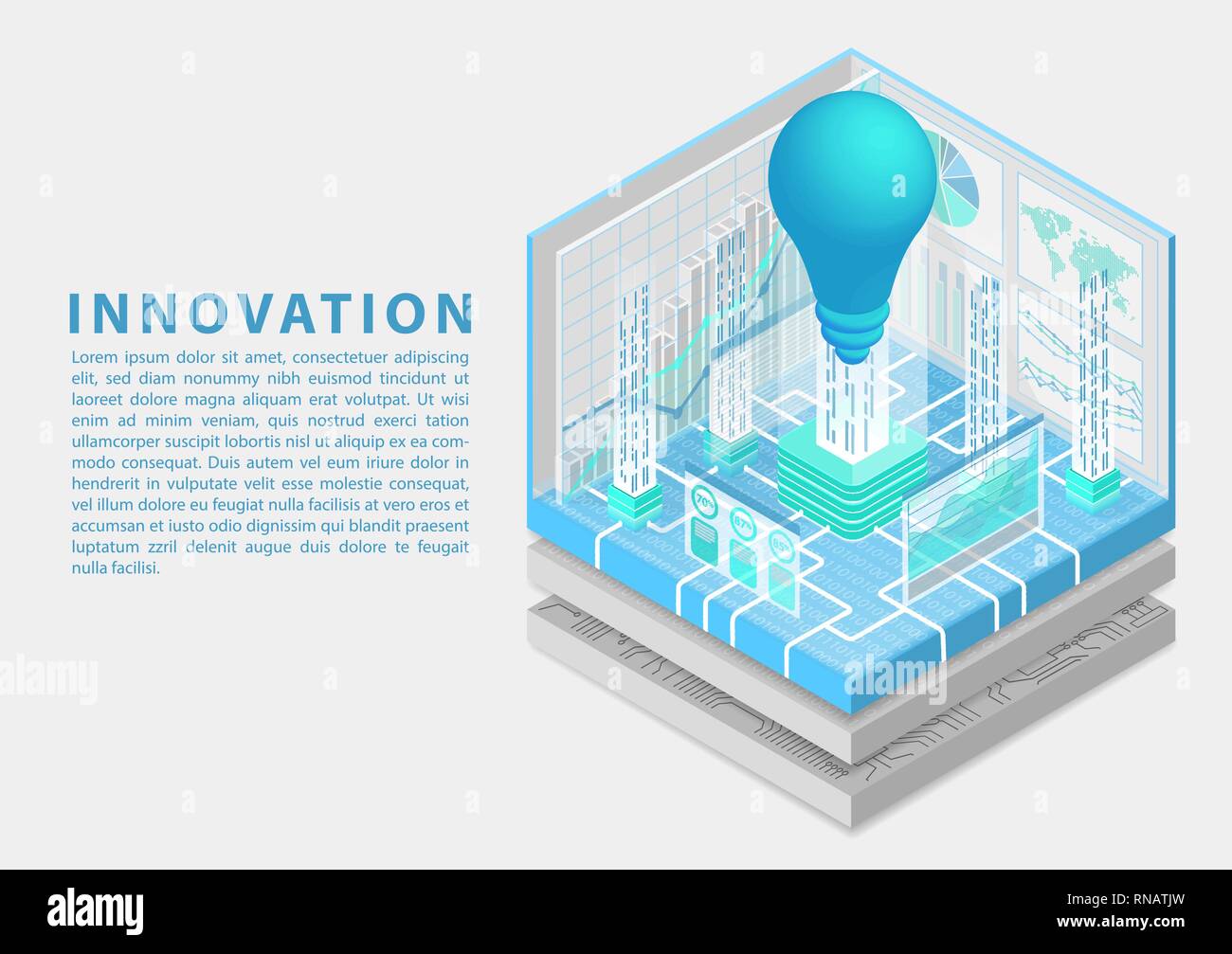 Digital business concetto innovativo con il simbolo della lampadina e dashboard come isometrica illustrazione vettoriale Illustrazione Vettoriale
