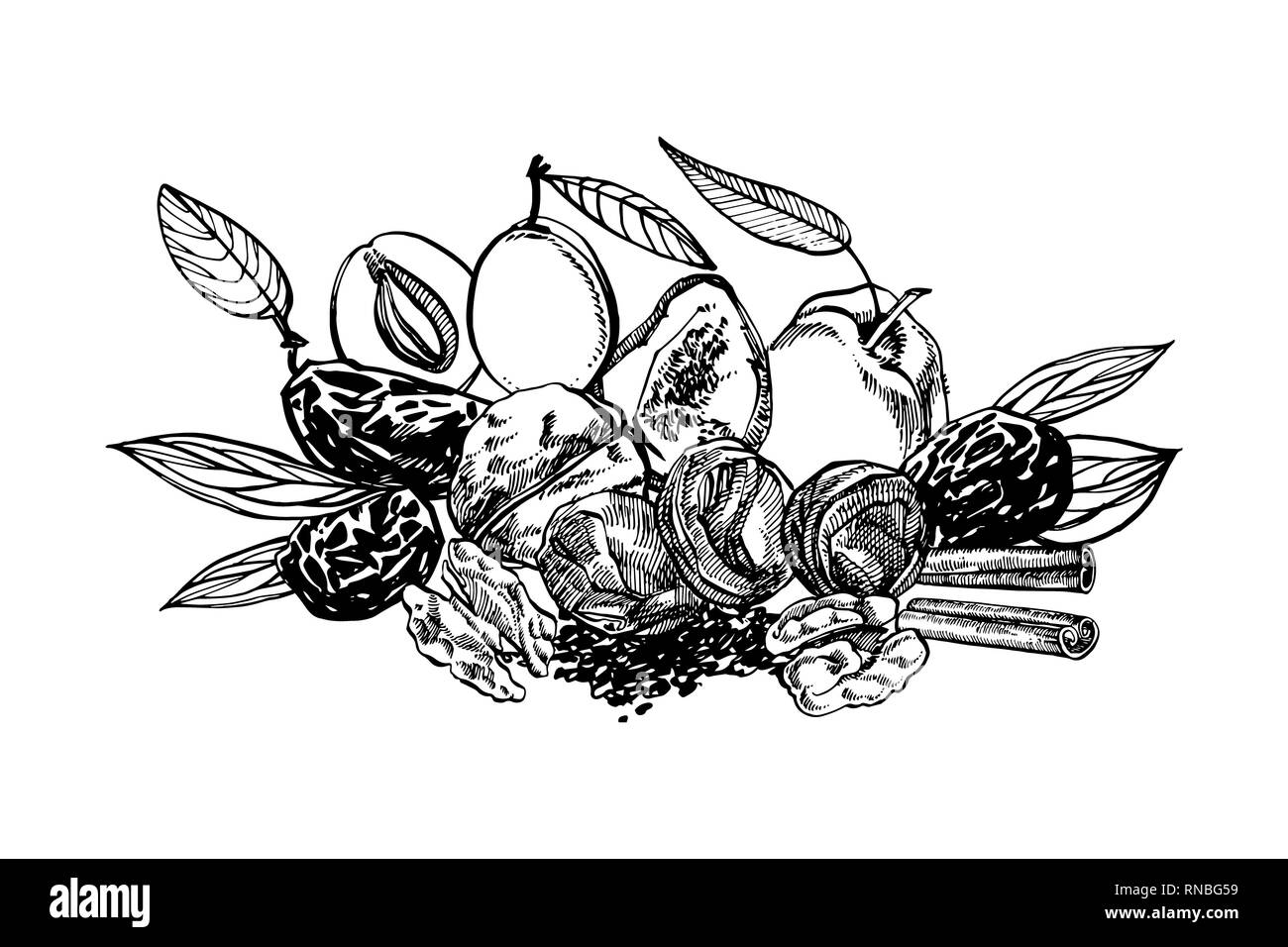 Secche pesche e prugne prugne disegnati a mano illustrazione. Schizzo di inchiostro di dadi. Disegnata a mano illustrazione. Isolato su sfondo bianco. Foto Stock