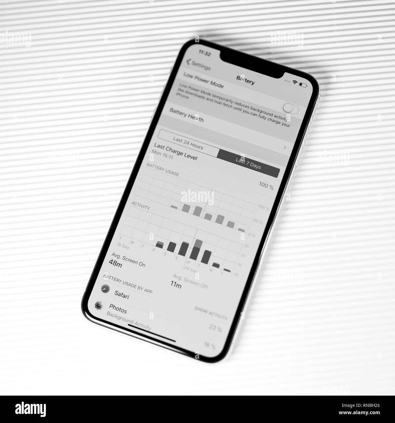 Parigi, Francia - 27 settembre 2018: nuovo iPhone Xs Max modello dello smartphone da Apple Computer close up con batteria e lo schermo di attività statistiche temporali app che mostra l'utilizzo del telefono - in bianco e nero Foto Stock