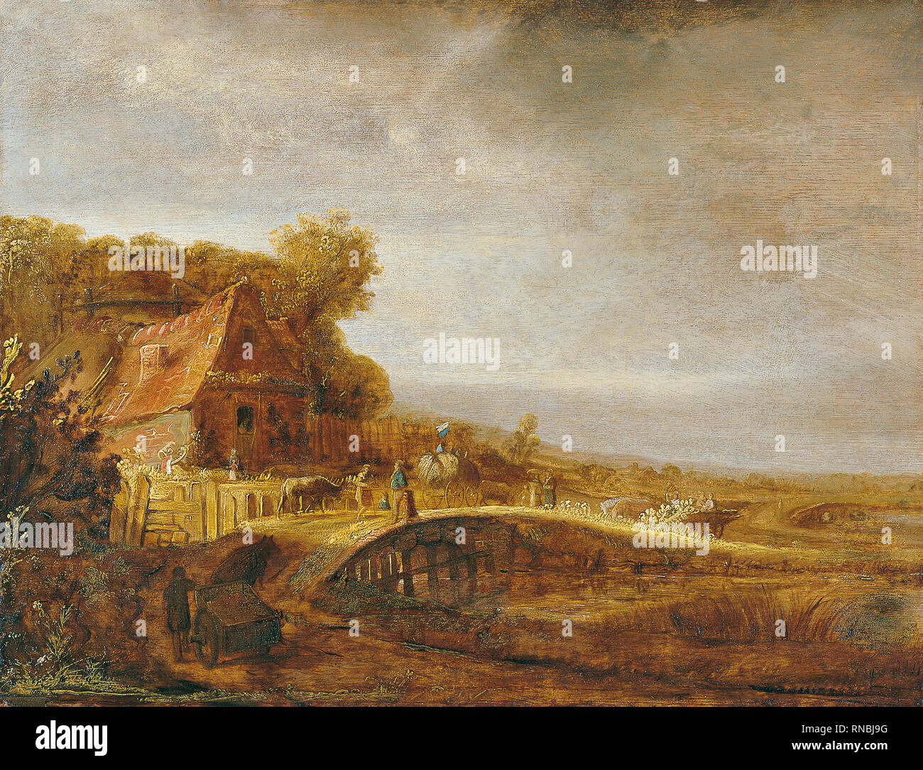 Govert (attribuito a) Flinck (Cleve, 1615 - Amsterdam, 1660). Paesaggio con una fattoria e un ponte. Olio su pannello. 40,7 x 53,5 cm. Museo: Museo Nacional Thyssen-Bornemisza, Madrid. Autore: Flinck, Govert (attribuito a). FLINCK, GOVAERT. Foto Stock