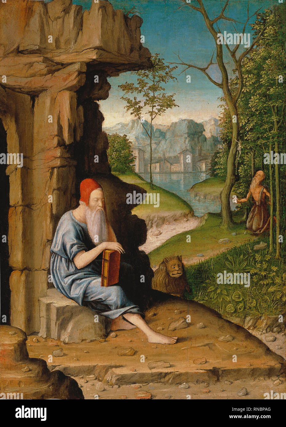 Bartolomeo Montagna (Orzinuovi o Biron, ca. 1450-Vicenza, 1523). San Girolamo nel deserto (s.f.). Olio su pannello. 40 x 28,8 cm. Museo: Museu Nacional d'Art de Catalunya (MNAC). Foto Stock