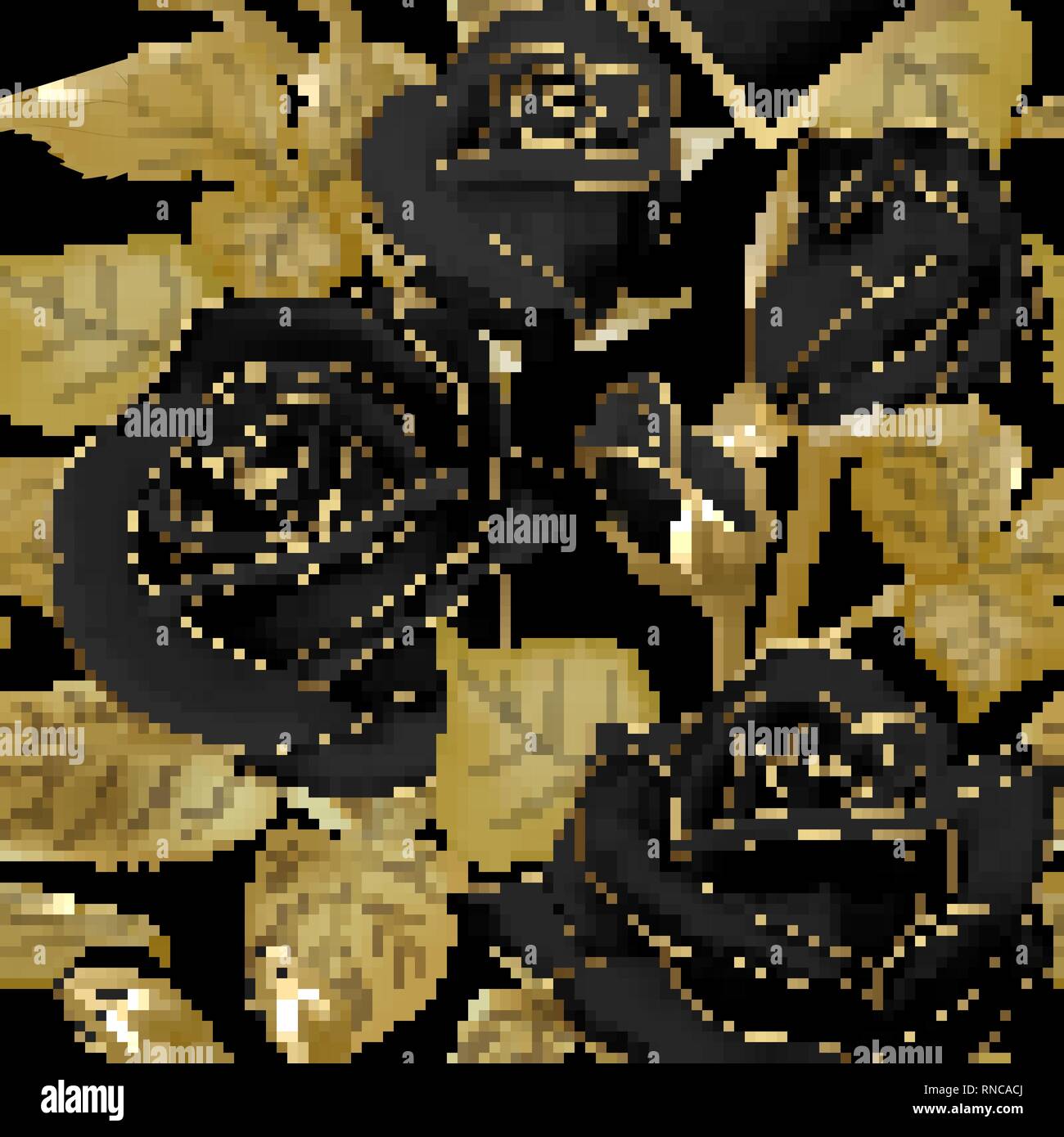 Modello senza cuciture con black roses e foglia oro su sfondo nero. Illustrazione Vettoriale. Illustrazione Vettoriale