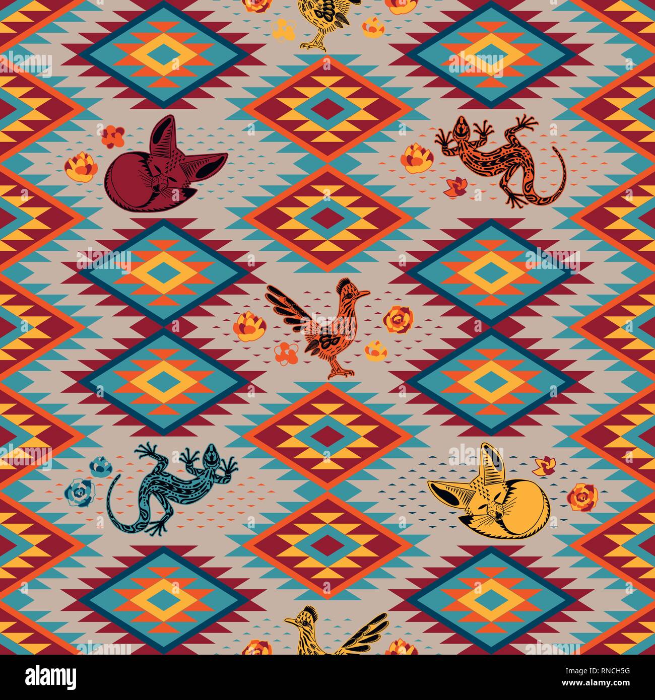 Kilim. Etnica ornamento geometrico con gli animali del deserto. Modello di bright rombi. Maggiore roadrunner, Fennec fox, lizard. Perfetta configurazione vettore Illustrazione Vettoriale