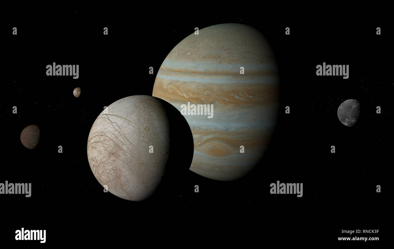 Le lune di Giove - Io, Europa, Ganimede e Callisto. Foto Stock
