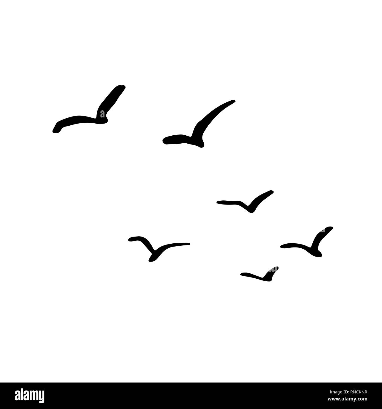 Flying stormo di uccelli. Disegnata a mano pennello illustrazione vettoriale. Illustrazione Vettoriale