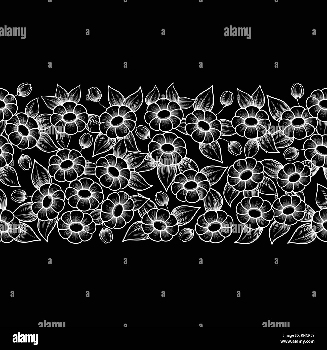 Contorno bianco orizzontale floreali seamless pattern isolati su sfondo nero Illustrazione Vettoriale