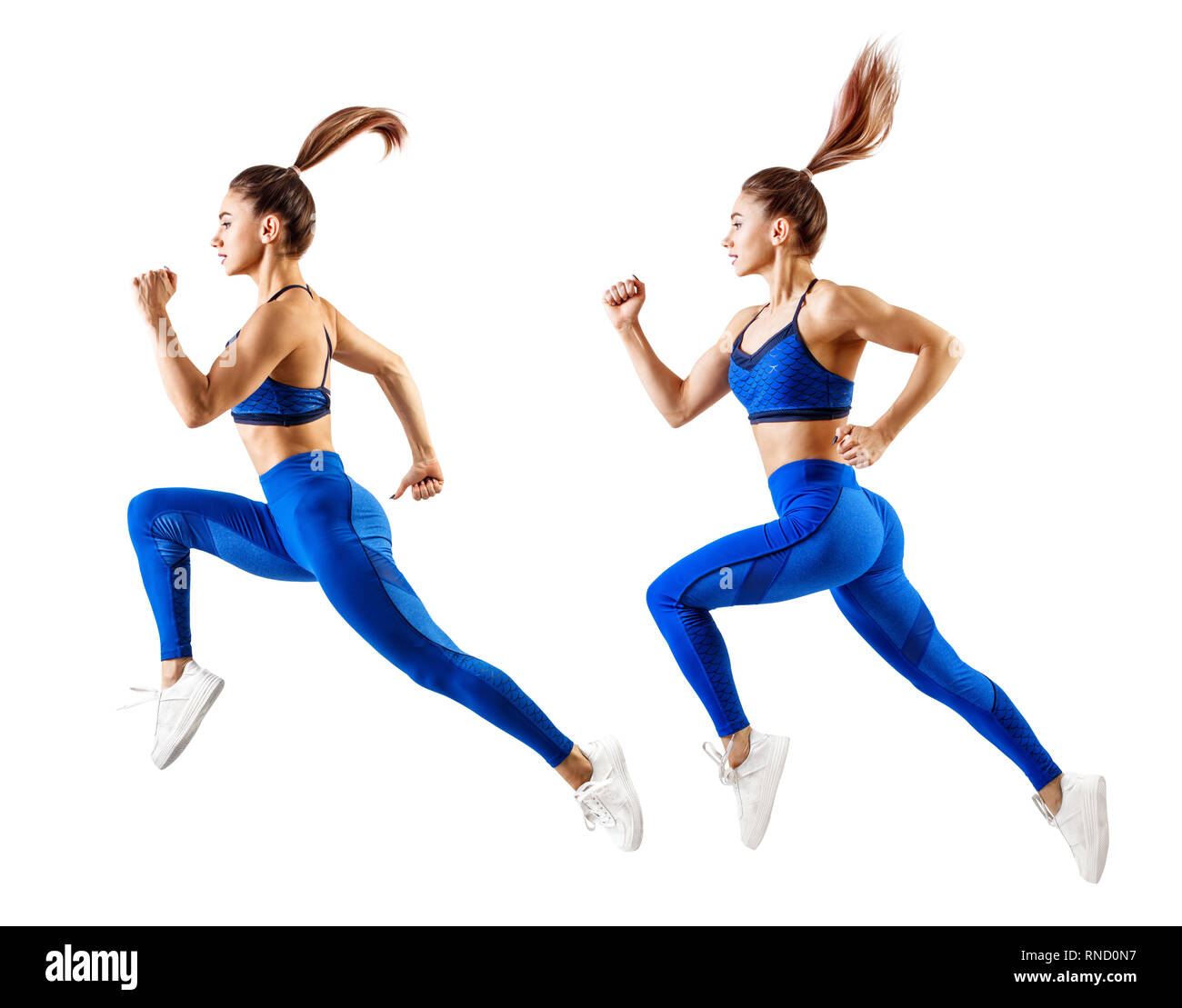 Collage di giovane donna runner in blu sportswear saltare in aria. Foto Stock