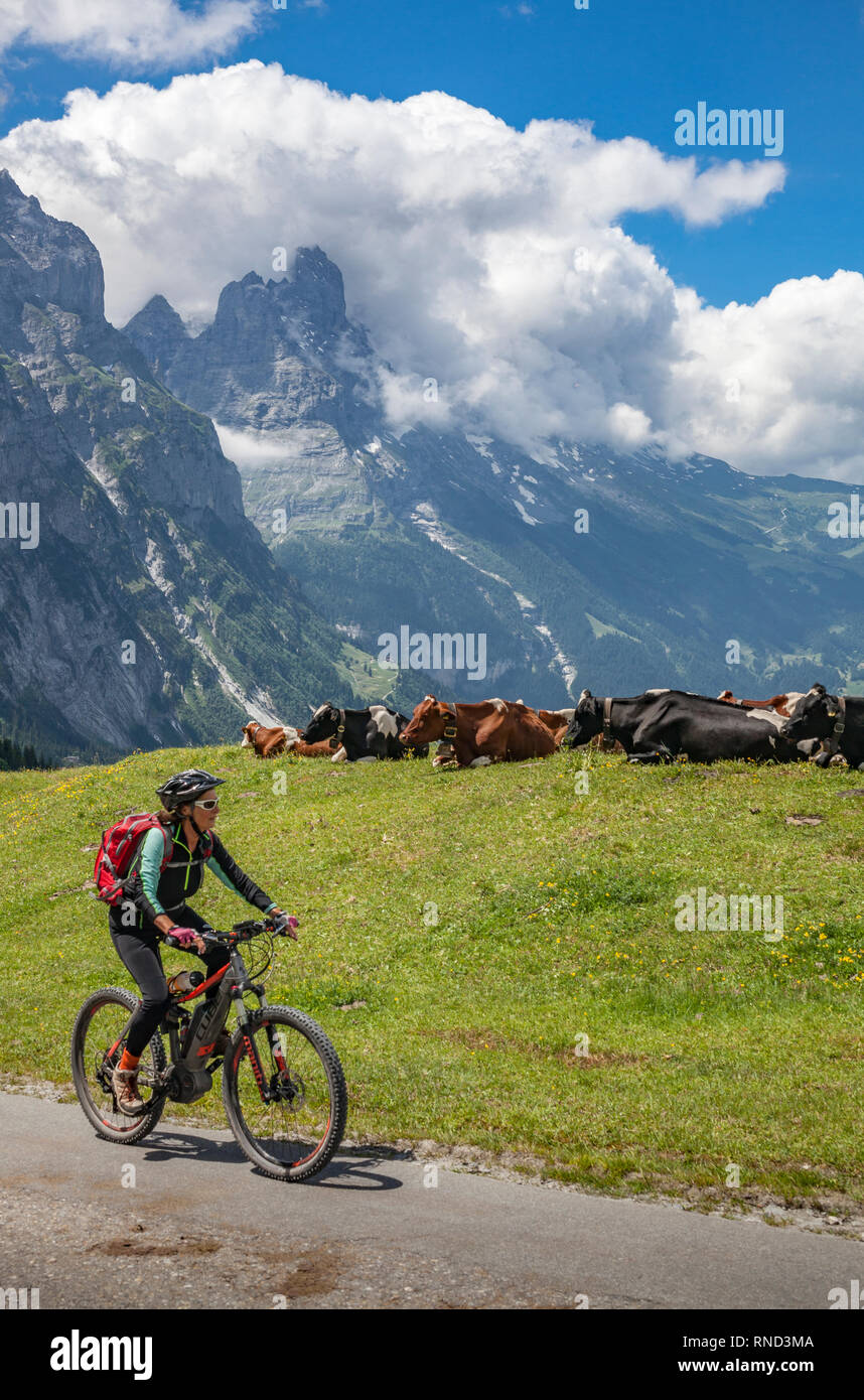 Bella e sempre giovane donna Senior in sella il suo e-mountainbike al di sotto dell'Eiger northface, Grindelwald, Berner Oberland, Svizzera Foto Stock