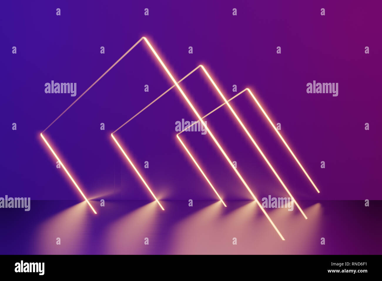 Linee incandescente, luci al neon, realtà virtuale, sfondo astratto, portale di quadrati, arco, spettro blu colori vibranti, laser show. Il rendering 3d. Foto Stock