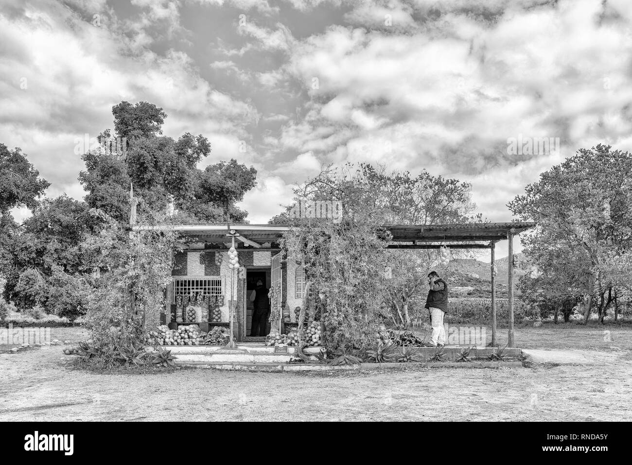 CITRUSDAL, SUD AFRICA, 22 agosto 2018: una fattoria in stallo, vendita di agrumi, in Citrusdal nella provincia del Capo occidentale. Le persone sono visibili. Monochrom Foto Stock