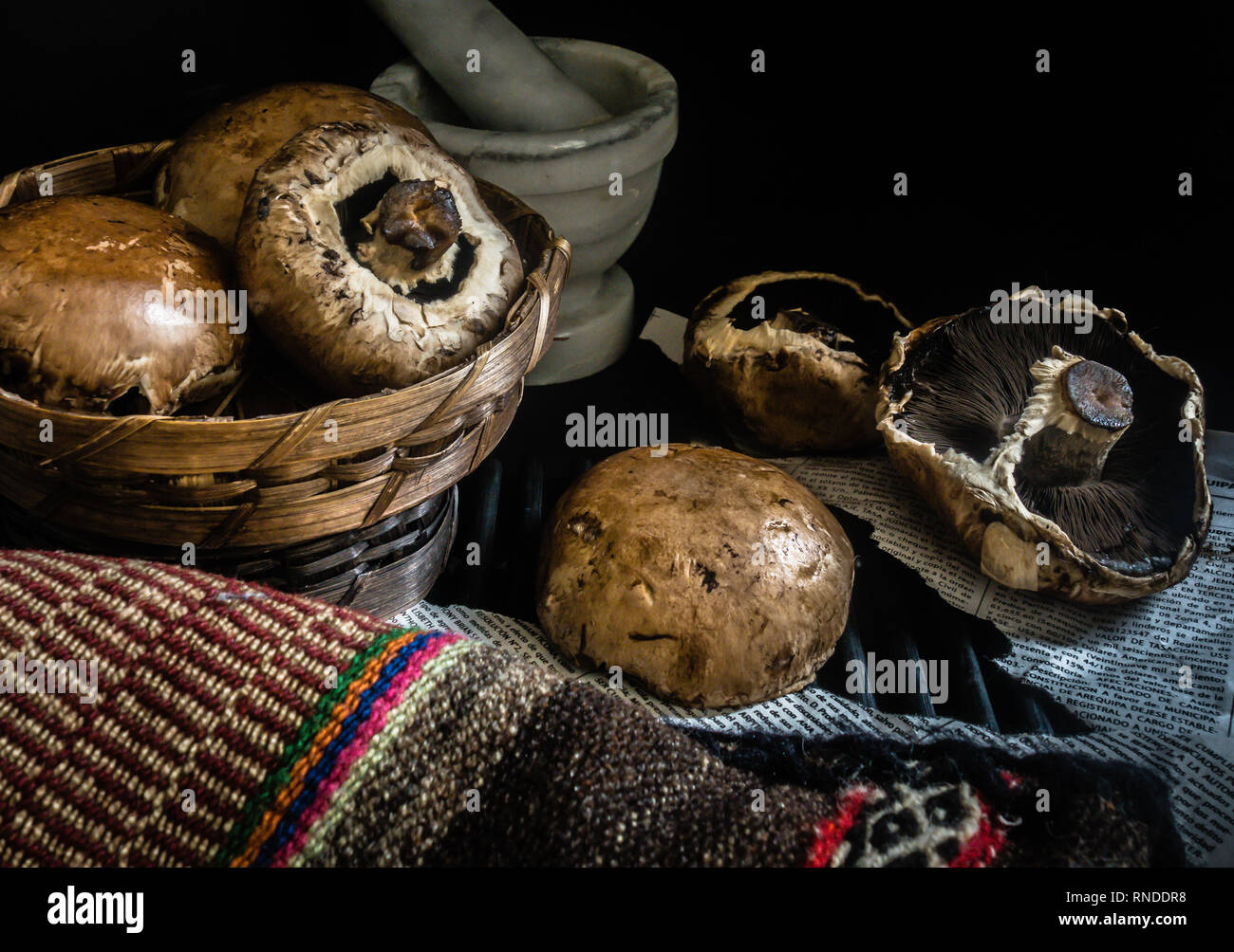 Cesto di funghi freschi fotografia scuro Foto Stock