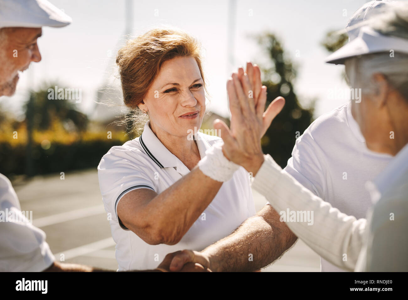 Senior i giocatori di tennis saluto ogni altro dopo la partita. Felice senior uomini e donne godendo di match di tennis in una giornata di sole. Foto Stock