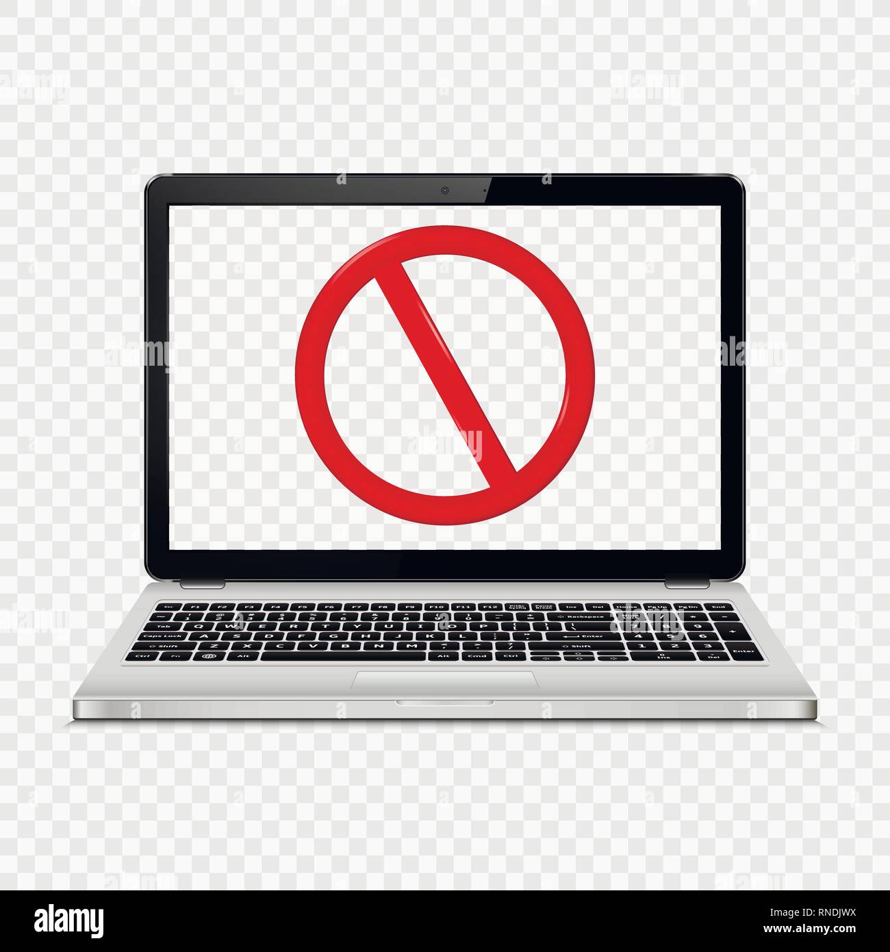 Computer portatile con schermo trasparente isolato su sfondo trasparente con il segnale di arresto sullo schermo. Illustrazione Vettoriale. Illustrazione Vettoriale